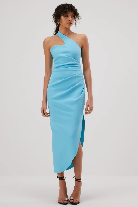 two-piece midi dress-Misha Delancey Bonded Crepe Midi Dress - Aegan Blue