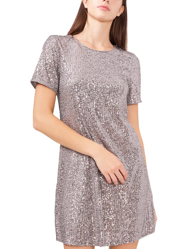 White Mini Dress for Bridal Party -Womens Sequined Mini Shift Dress