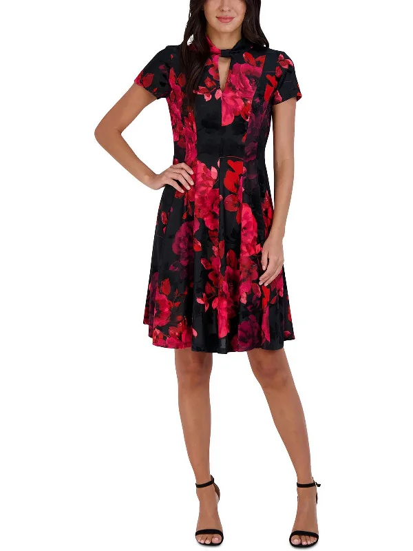 Stretchy Ribbed Mini Dress -Petites Womens Floral Print Cut Out Fit & Flare Dress