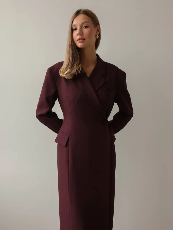 business casual midi dress-Burgundy Wrap Midi Dress with Blazer Detail