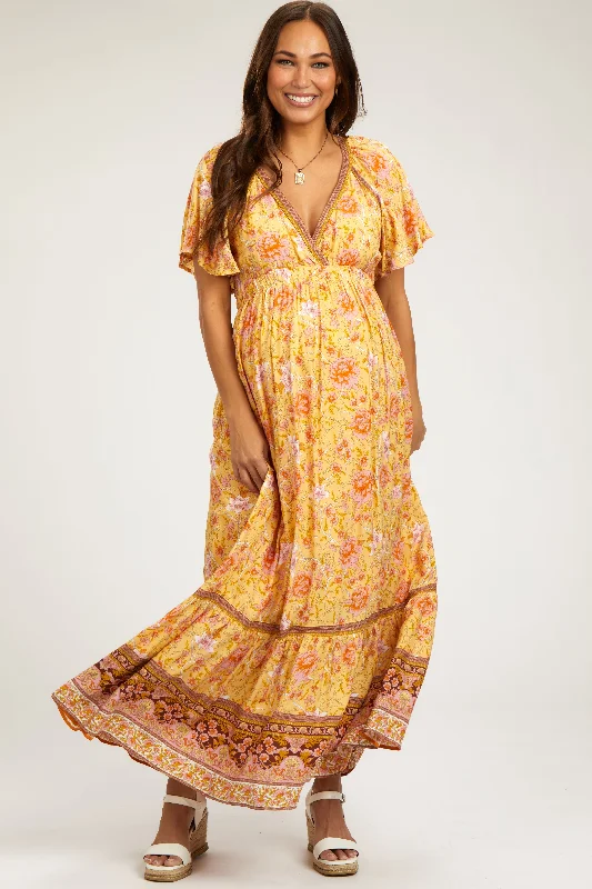 elegant chiffon maxi dress-Yellow Floral Flounce Sleeve Maternity Maxi Dress