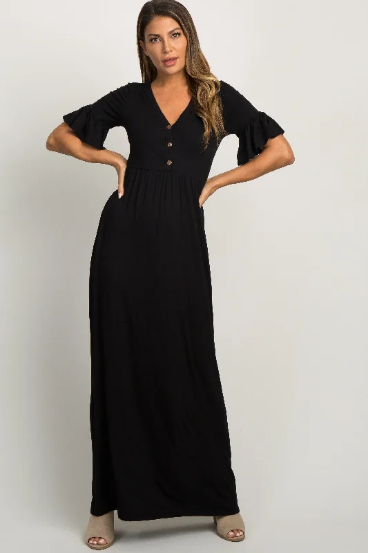 floral crochet trim maxi dress-Black Button Ruffle Sleeve Maxi Dress