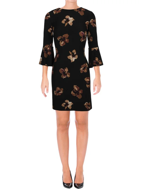 evening dress with blouson top-Womens Floral Bell Sleeve Cocktail Dress