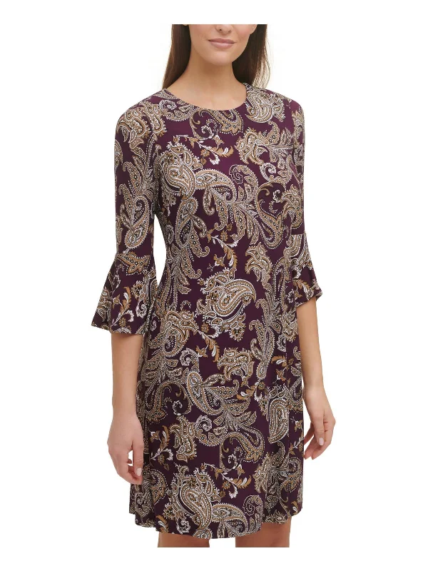 tropical print mini dress-Womens Printed Bell Sleeve Mini Dress