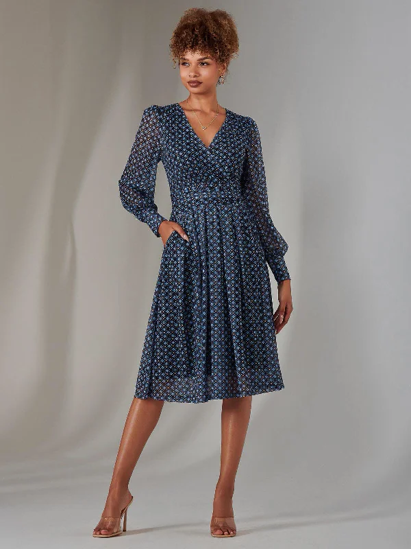 sporty midi dress-Long Sleeve Lace Print Midi Dress, Navy Geo