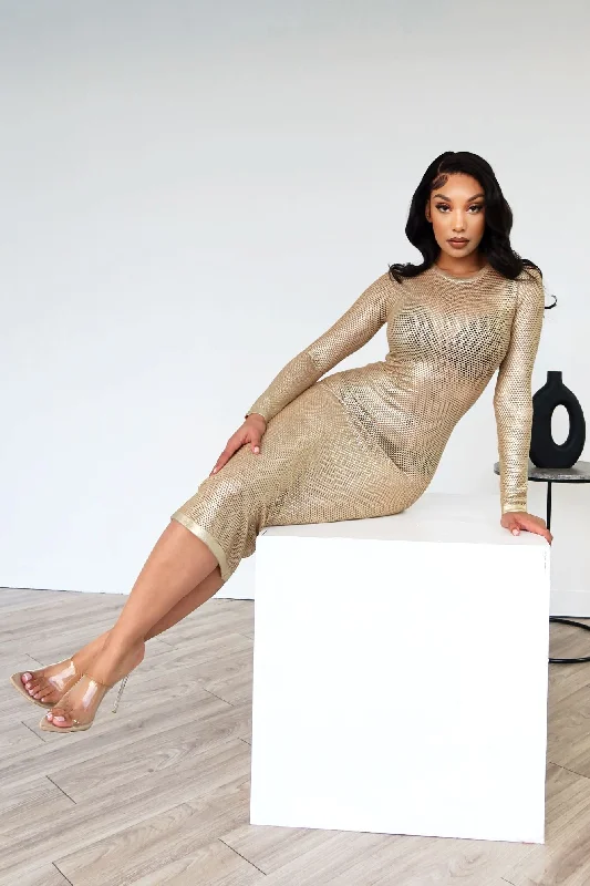 high-low midi dress-Gold Rush Metallic Midi Dress