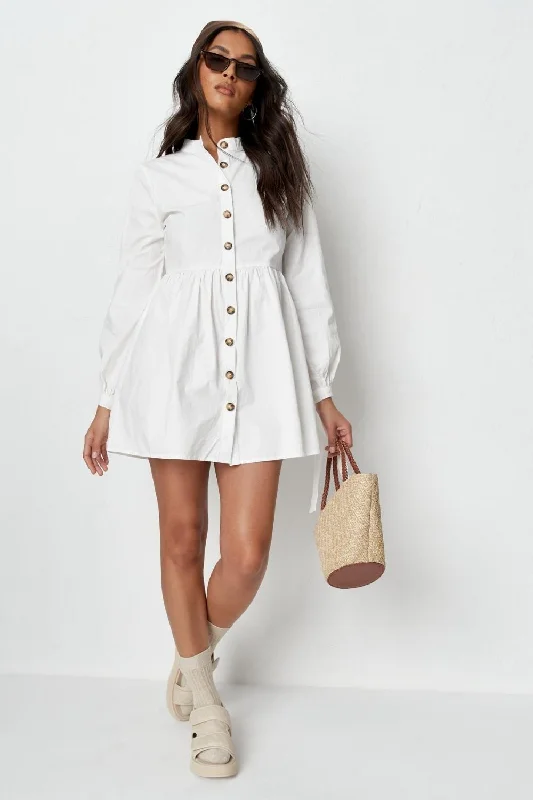 casual hoodie mini dress-Front Button open Flared Full sleeve White Mini Dress