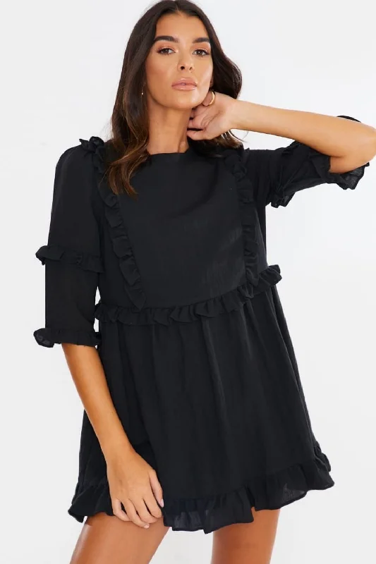 Velvet Cocktail Mini Dress -Black 'Girl's Girl' Ruffle Mini Dress