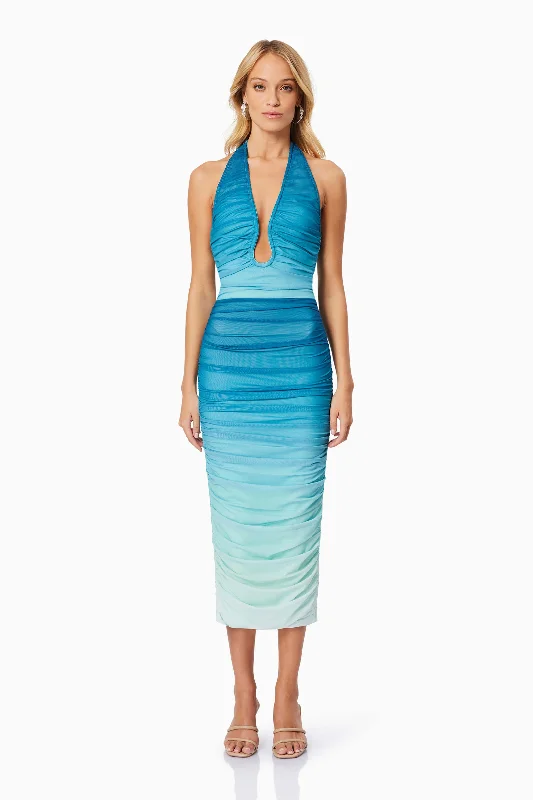 casual work midi dress-Brielle Halter Midi Dress - Blue