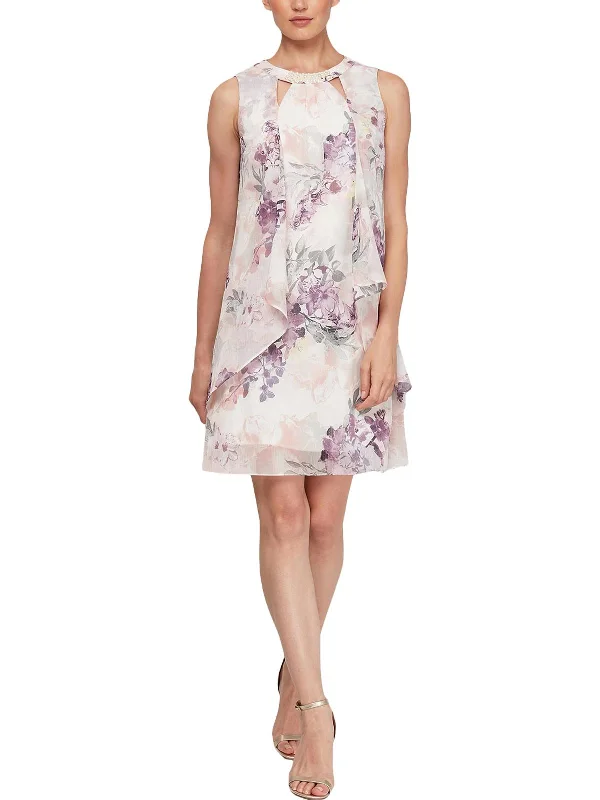 floral high-neck mini dress-Womens Floral Cut Out Mini Dress