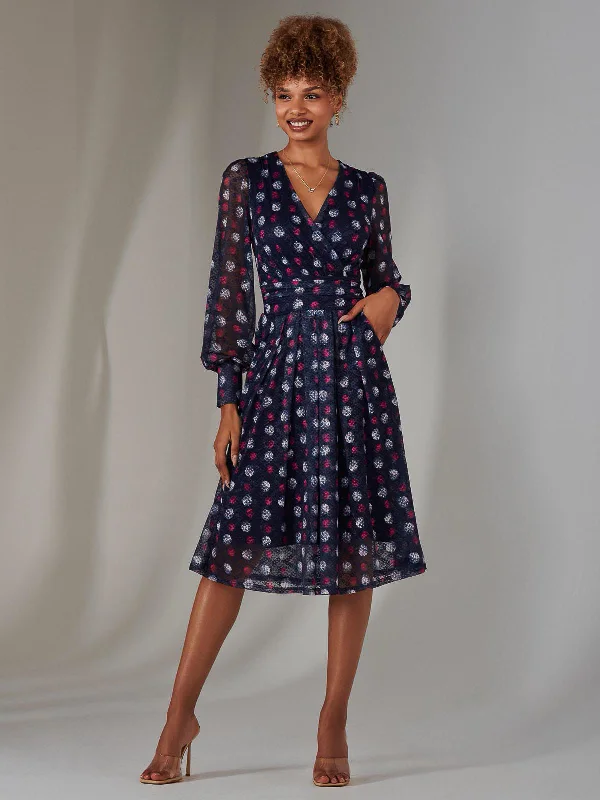 slit midi dress-Long Sleeve Lace Print Midi Dress, Navy Abstract