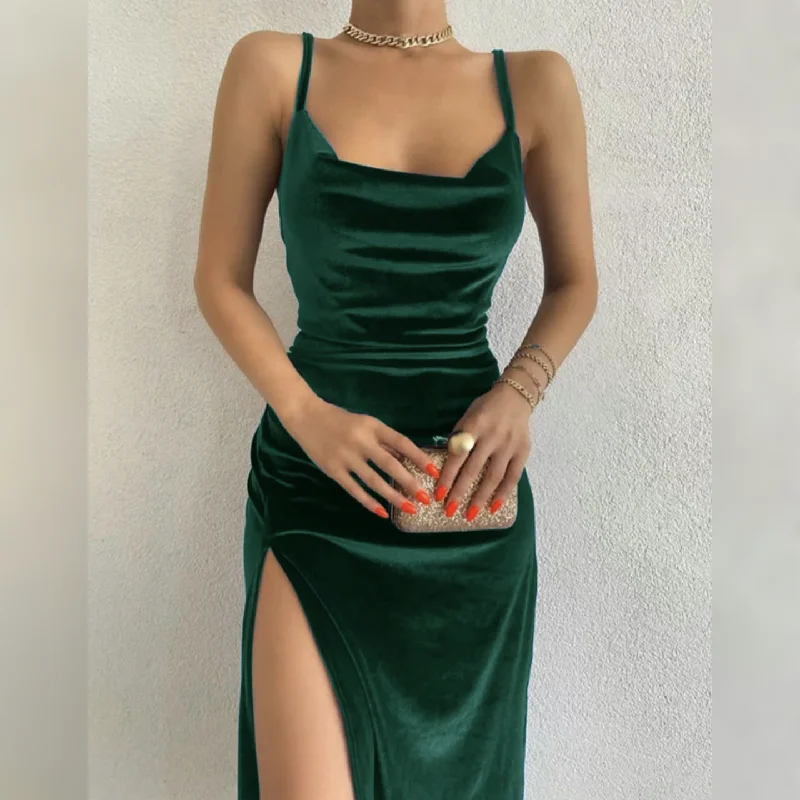 evening dress with bow detail-Solid color velvet dress with slit sexy elegant party dress LL-701