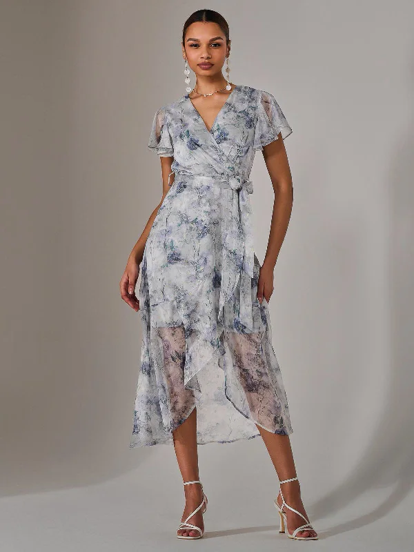 romantic midi dress-Chiffon Wrap Midi Dress, Blue Floral