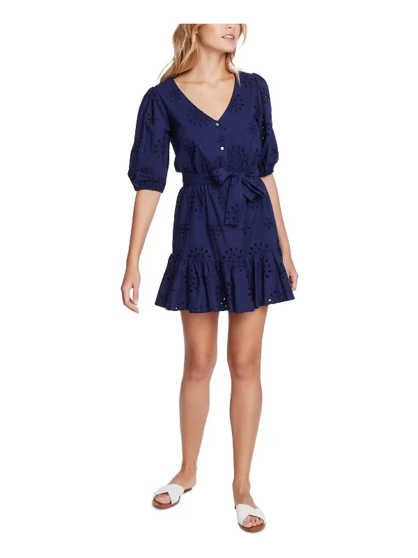 Wrap Style Mini Dress -The Fleur Womens Button Front Embroidered Mini Dress