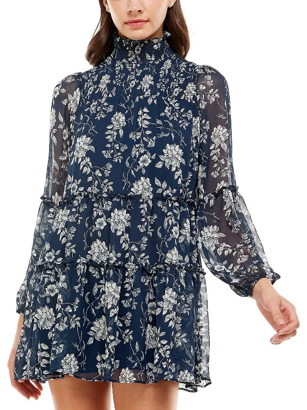 mini dress with trumpetWomens Floral Print Mockneck Mini Sheath Dress