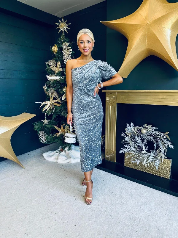 workwear midi dress-Georgia One Shoulder Sequin Midi Dress Silver