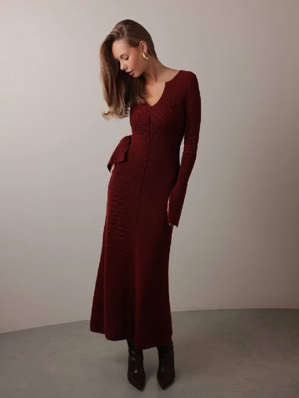 casual chic midi dress-Chic Wine Red Knit Midi Dress