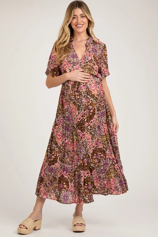 sleeveless floral casual fit and flare maxi dress-Brown Paisley Print Collared Button Down Maternity Maxi Dress