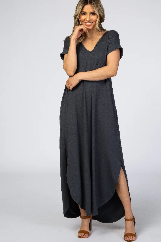 sleeveless casual midi maxi dress-Charcoal Side Slit Maxi Dress