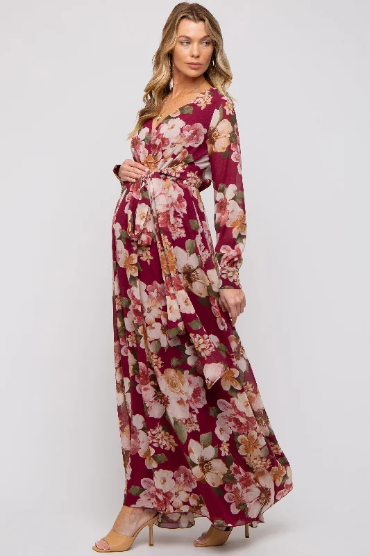 sleeveless casual jersey maxi dress-Burgundy Floral Chiffon Wrap Front V-Neck Long Sleeve Maternity Maxi Dress