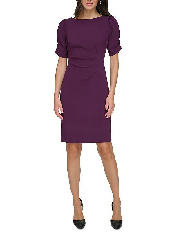 illusion neckline evening dress-Womens Crepe Shirred Sleeve Cocktail And Party Dress