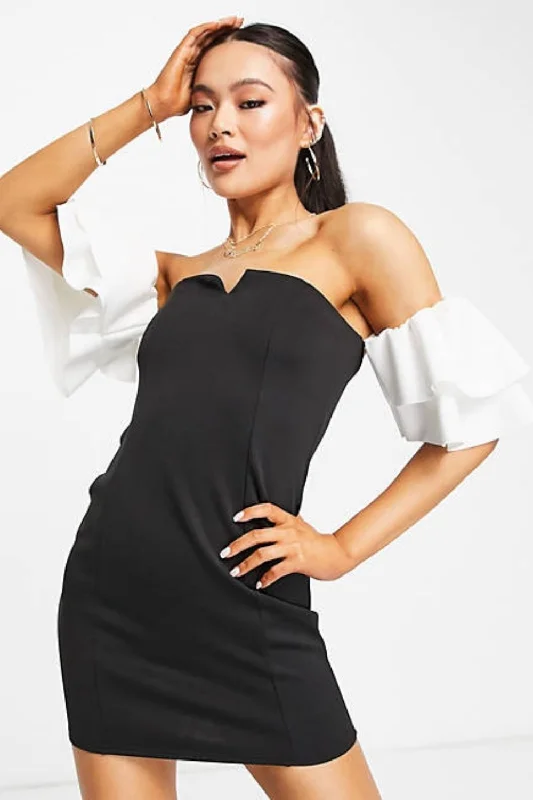 Soft and Feminine Mini Dress -Off Shoulder Mini Dress In Mono