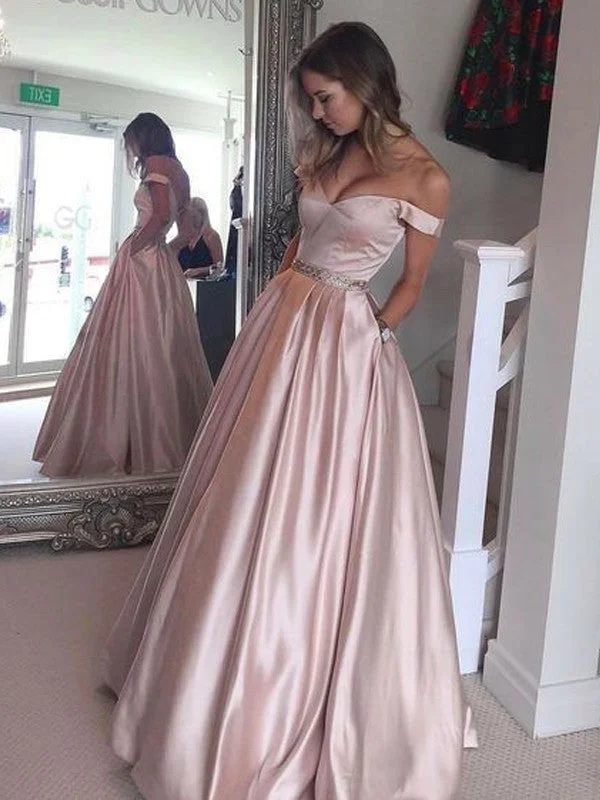 A-Line/Princess Off-the-Shoulder Sleeveless Floor-Length Satin Dresses