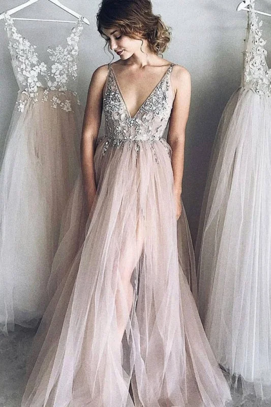 A-line V neck Long Tulle New Arrival Appliques Prom Dresses with Beads Party Dress