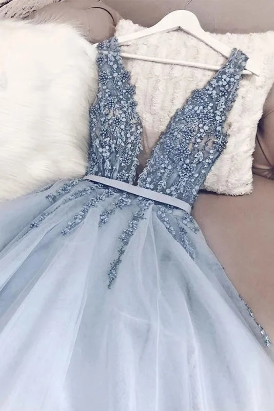 Blue V Neck Tulle Beading Prom Dress Gorgeous Backless Long Evening Dresses