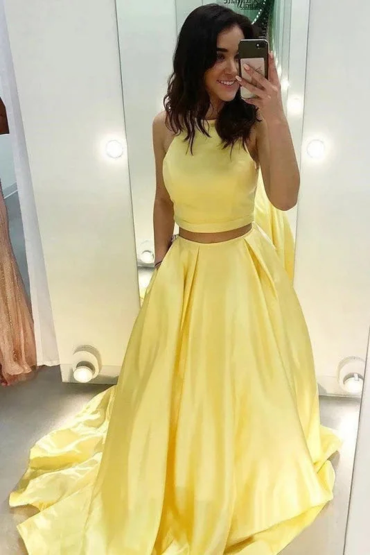 Exquisite Excellent Two Piece Yellow Satin Formal Evening Dress Simple Long Prom Dresses