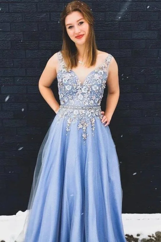 Gorgeous A-Line V Neck Appliques Sleeveless Sky Blue Beading Long Prom Dress