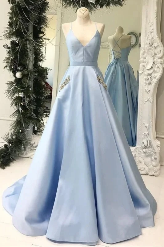 Light Blue V Neck Floor Length Satin Prom with Pockets Cheap Long Formal Dress