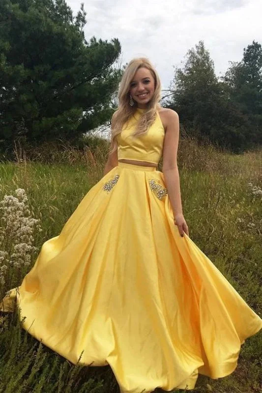 Marvelous Latest Yellow Satin Two Pieces Long Homecoming with Silver Beading Prom Dress