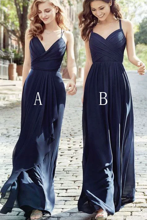 Navy Blue Long Chiffon Prom Dresses