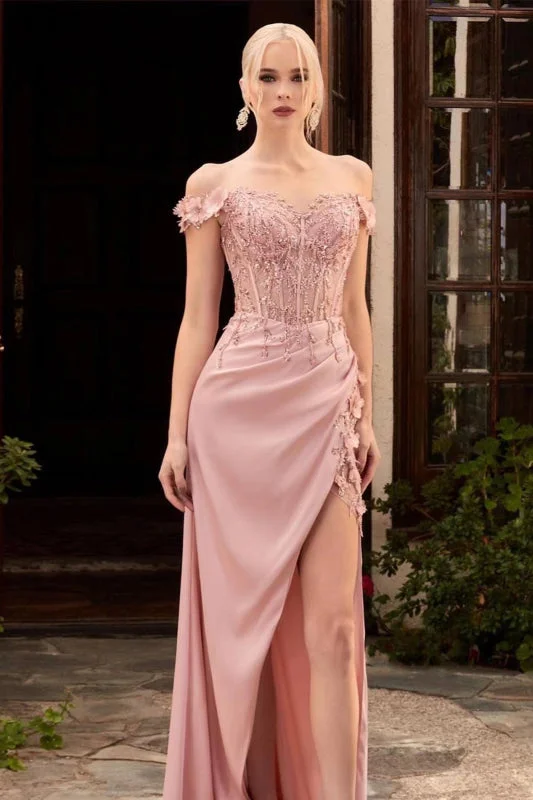 Pink Off-The-Shoulder Mermaid Prom Dress with Applique Split Beadings