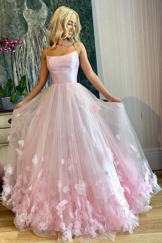 Pink Spaghetti Straps Sweet 16 Prom Floor Length Tulle Formal Dress