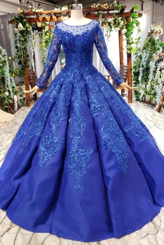 Royal Blue Long Sleeves Ball Gown Prom Dresses Puffy Quinceanera Dress with Appliques