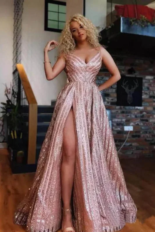 Spaghetti Strap V Neck Rose Gold Sequins Sexy Side Slit Prom Dresses