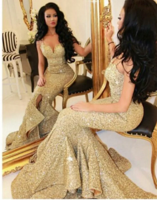 Spaghetti Straps Gold Prom Dresses Slit