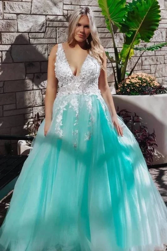 Stunning Lace Applique Long Prom Dresses Quinceanera Dress with Flowers