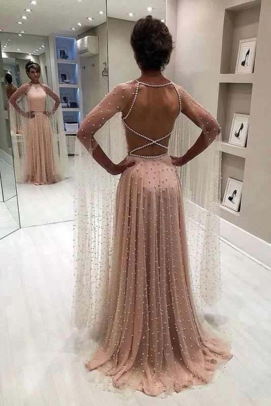 Unique A Line Backless Prom Dresses with Pearls Gorgeous Long Evening Dress